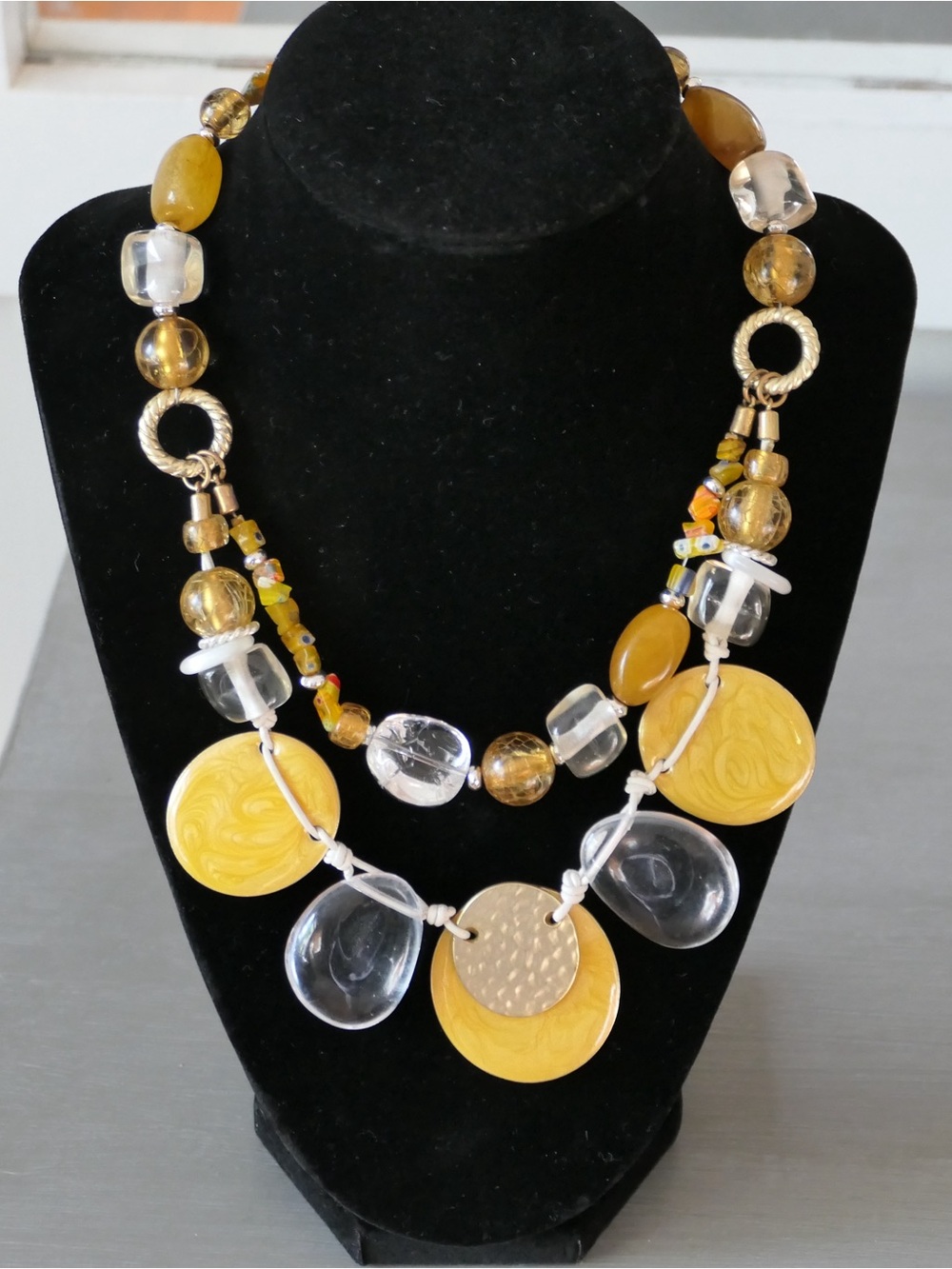 Chico's Beaded Statement Necklace Gold Tone, Mixed Beads And Yellow Enamel